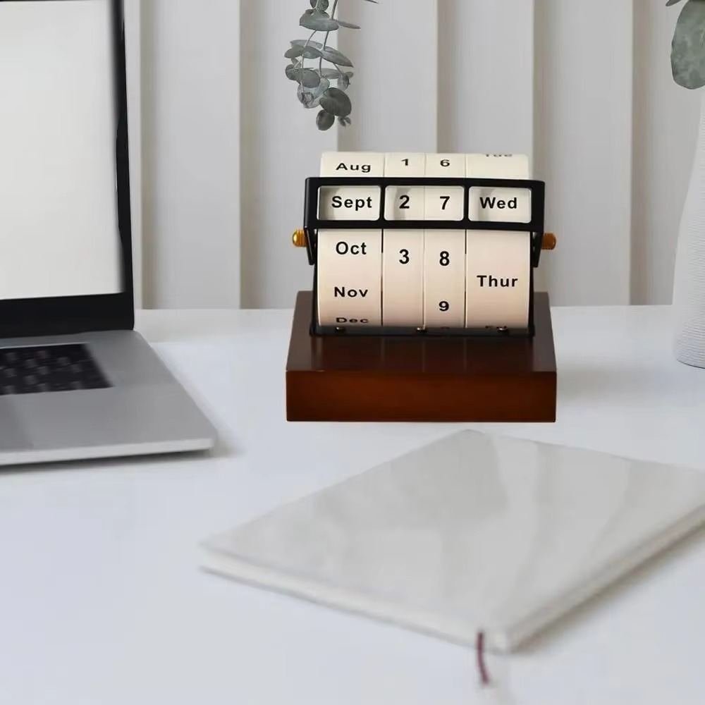 BowLift | Vintage Wooden Perpetual Flip Calendar – Reusable Rotary Countdown Desk Display