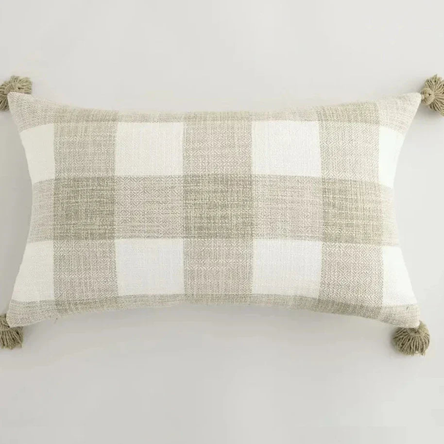 Skanto | Checkered Pillow Cover with Fringes – Decorative Linen Pillowcase for the Living Room