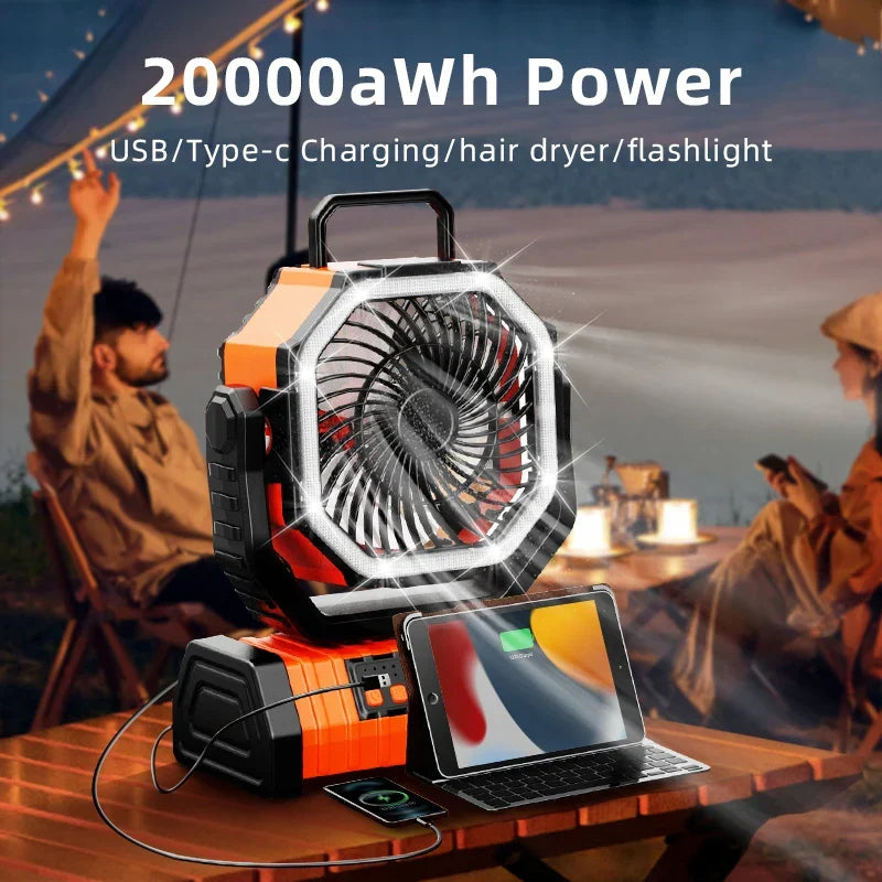 20000mAh Portable Rechargeable Fan — Battery-Operated Table & Camping Fan with LED Light & Hook for Tent, Car and Outdoor Trips | Karnz