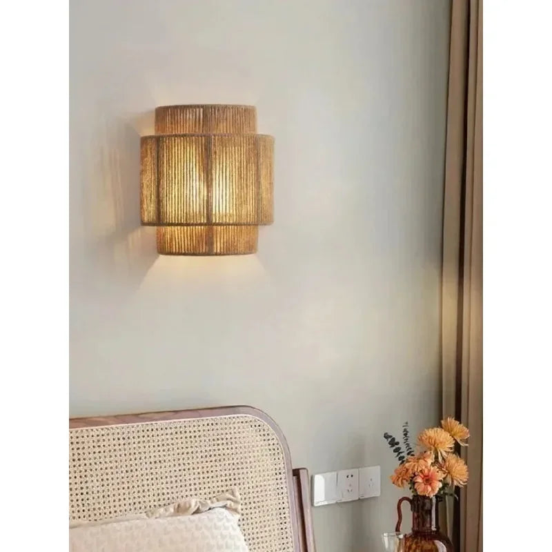 Skanto | LED Wall Lamp with Natural Brown Finish and Hemp Cord
