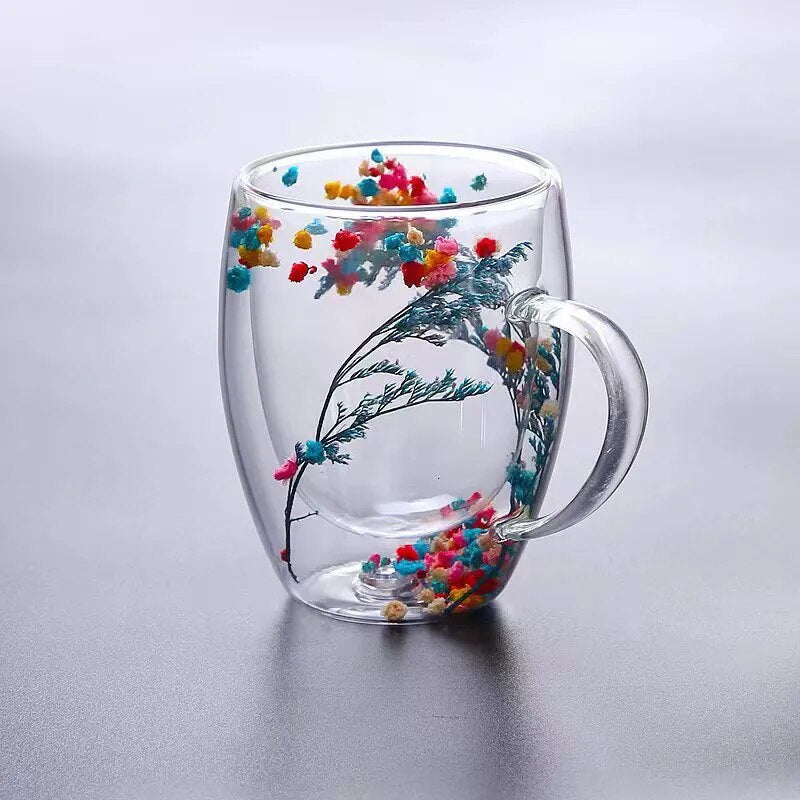 2pcs Dried Flowers Double-Walled Glass Mug