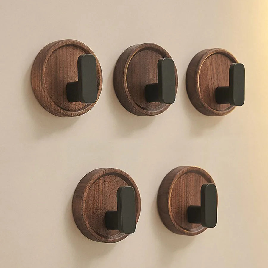 BowLift | Self-adhesive wooden wall hooks Nordiva WoodCircle | Walnut wood | Decorative hook for keys, towels & clothing | Bathroom, kitchen & hallway