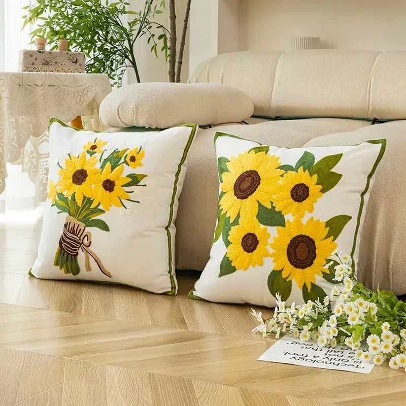 BowLift | Cotton Embroidered Decorative Pillow 45x45 cm with Sunflower Pattern