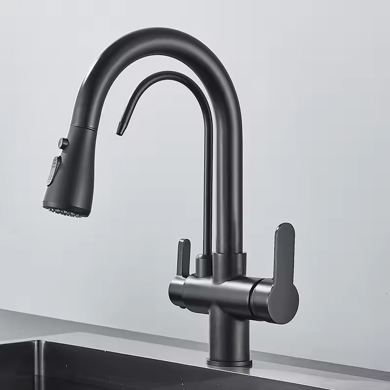 Matte Black Filter Faucet for the Kitchen, Pull-Out Spray, 360° Rotation, Three-Way Water Filter Tap, Sink Mixer | Karnz