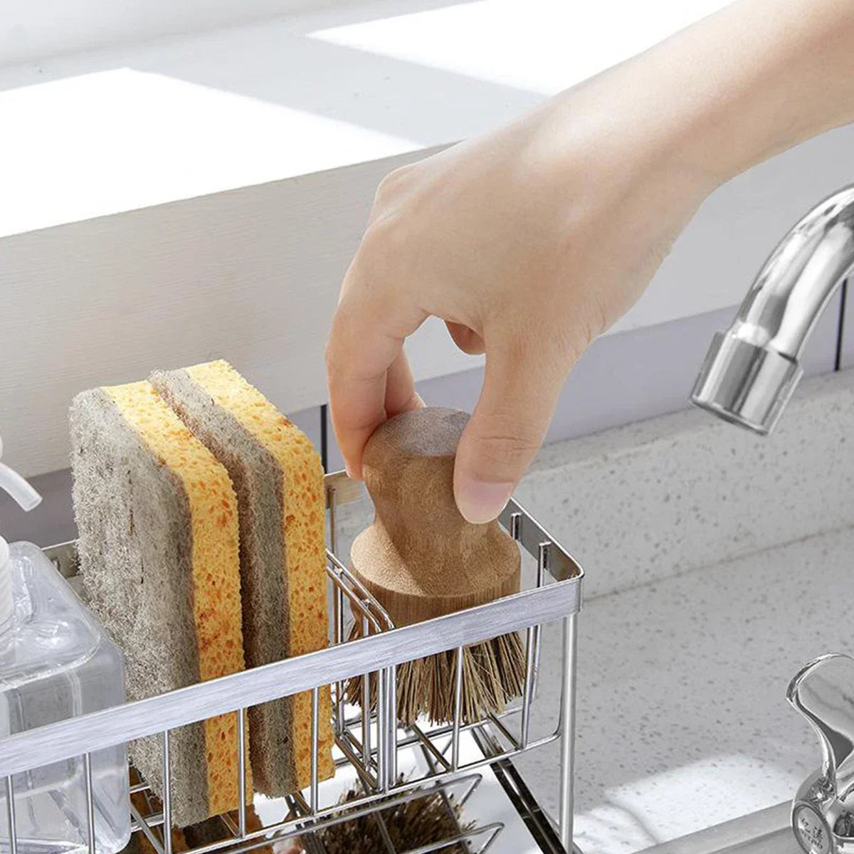 BowLift | SteelNest | Sink organizer made of stainless steel | Sponge & soap holder with drip tray | 21×8.2×10 cm