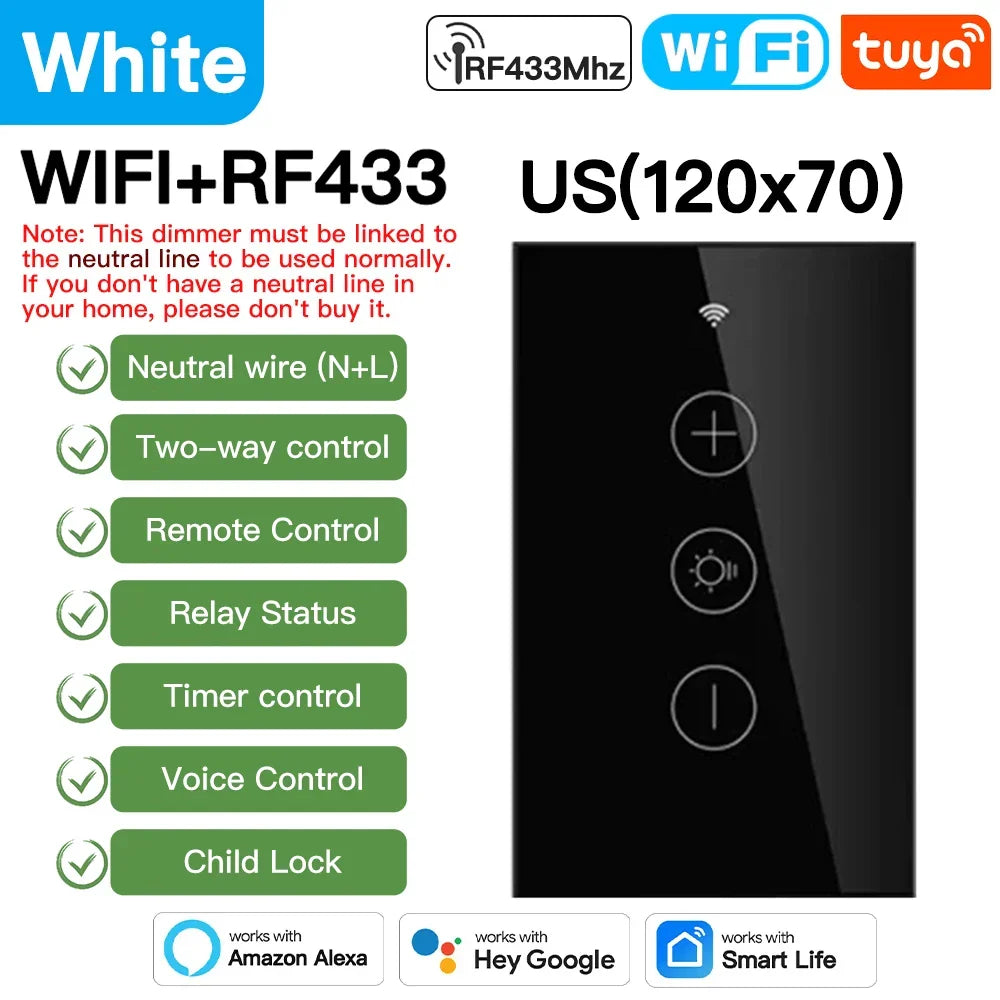 Tuya Smart Light Wall Switch with Neutral Wire - WiFi Dimmer Control via SmartLife Google Alexa Apps