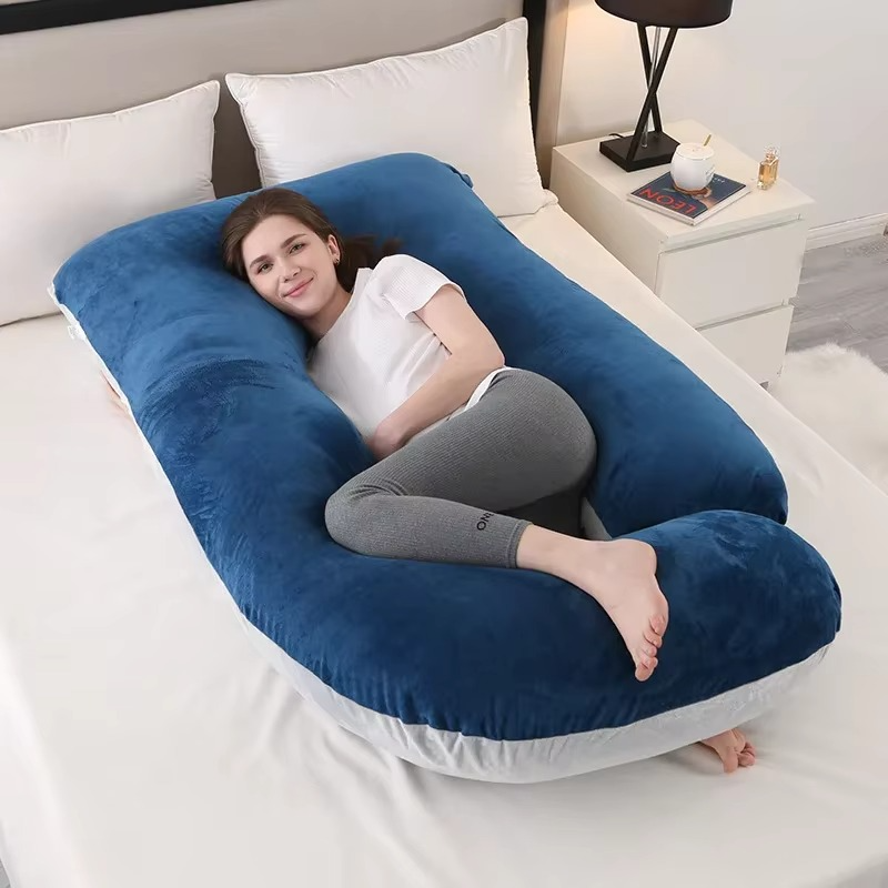 J-shaped pregnancy pillow for side sleeping and breastfeeding