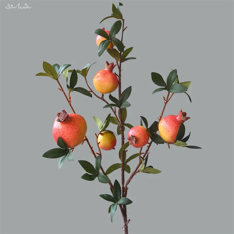 6-Head Artificial Pomegranate Fruit Branch with Leaves | Karnz