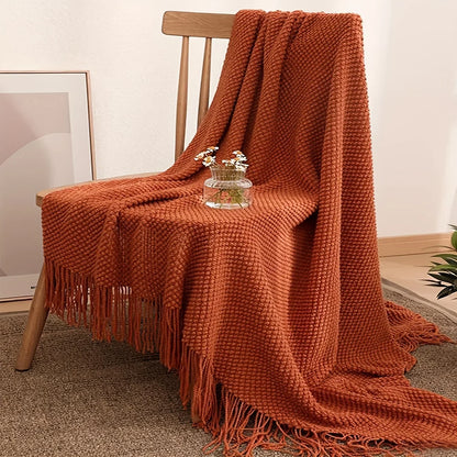 BowLift | Aurelia Cozy Tassel Knitted Blanket in Morandi Orange | Soft & Warm | 3 Sizes | For Sofa, Bed & Travel