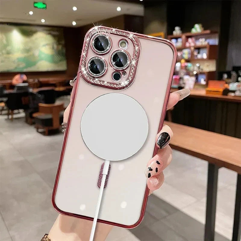 Luxury Glitter Bling MagSafe Case with Crystal Lens for iPhone 15 16 11 12 13 14 Pro Max 16 Plus Magnetic Wireless Charging Clear Case