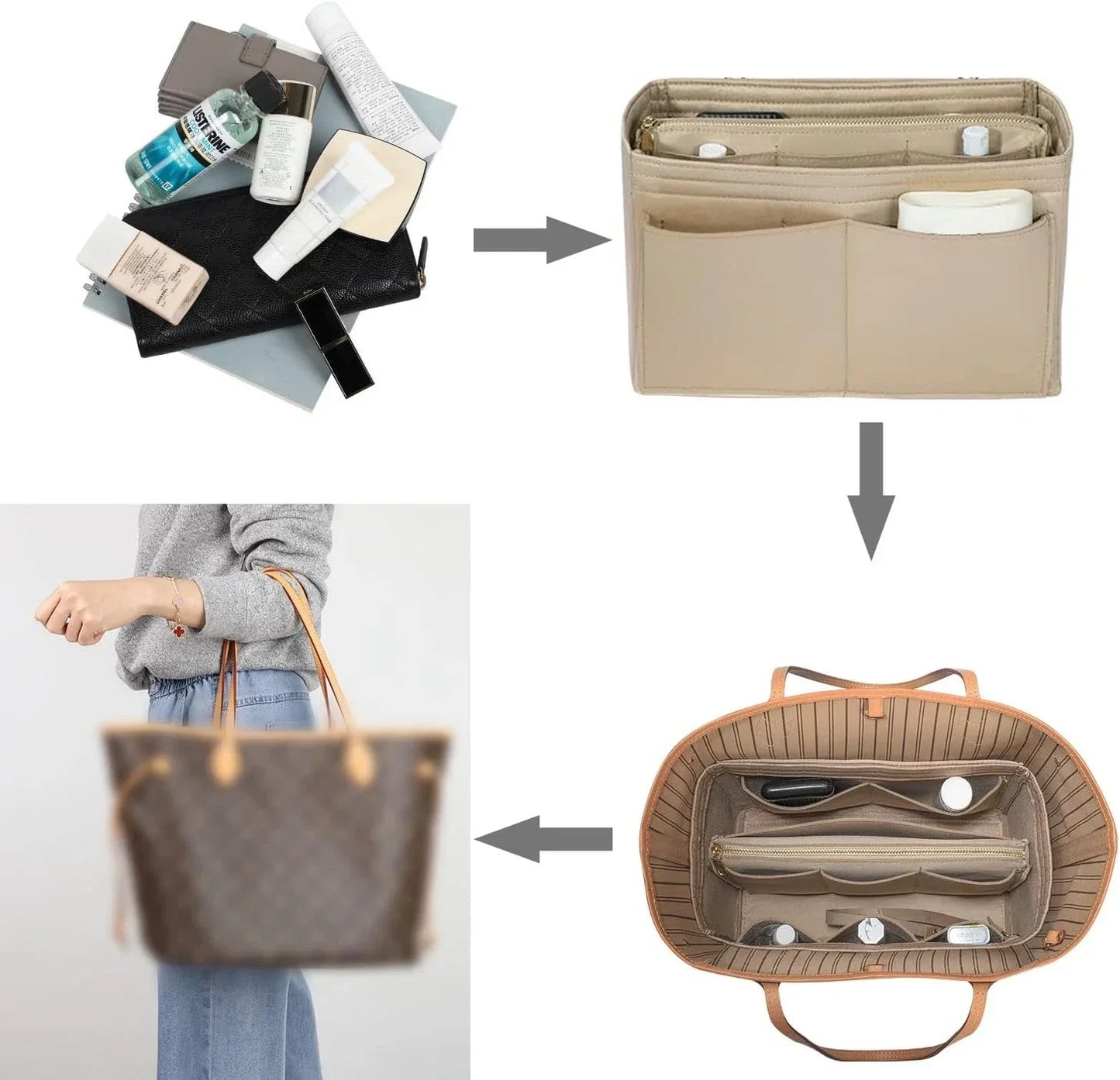 BowLift | TaschenLuxe Organizer Inlay | Felt insert with zipper | 15 compartments & key strap | For handbags & shoppers