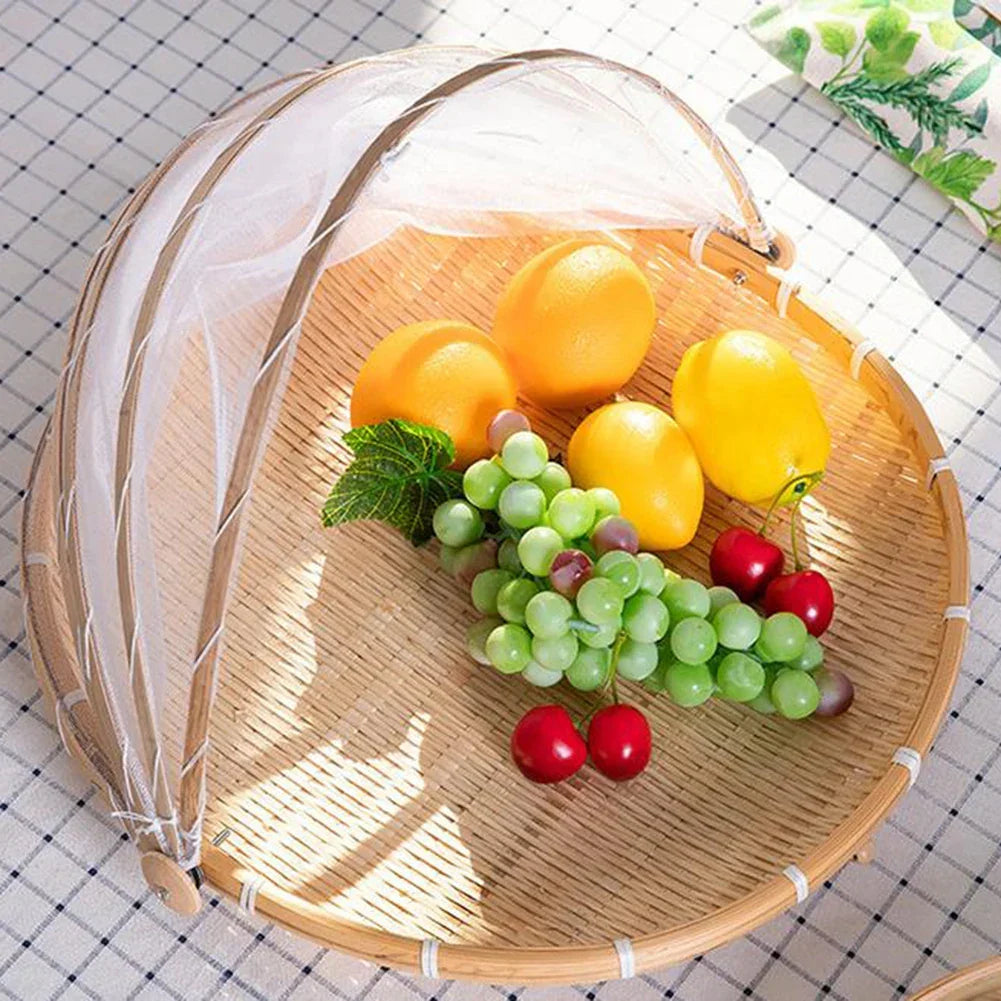 Skanto | Bamboo Woven Basket with Anti-Mosquito Net - Portable Outdoor Fruit and Vegetable Table with Mesh Cover