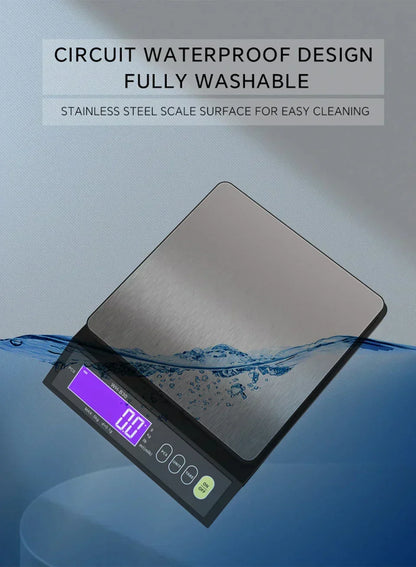 Karnz | 5 kg/0.1 g and 10 kg/1 g digital electronic kitchen scale, LCD display, fully waterproof stainless steel weighing tool for baking