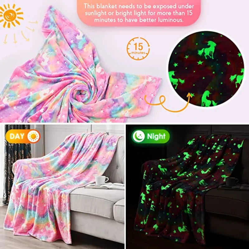 Skanto | StellaLumi | Glowing Unicorn Blanket | Cozy & Magical | Glow-in-the-Dark Stars & Hearts | Gift for Kids & Adults