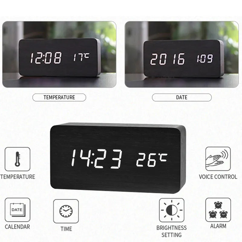 Skanto | Wood LED Digital Alarm Clock: Stylish Table and Bedside Clock with Temperature Display