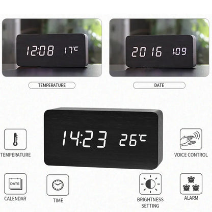 Skanto | Wood LED Digital Alarm Clock: Stylish Table and Bedside Clock with Temperature Display