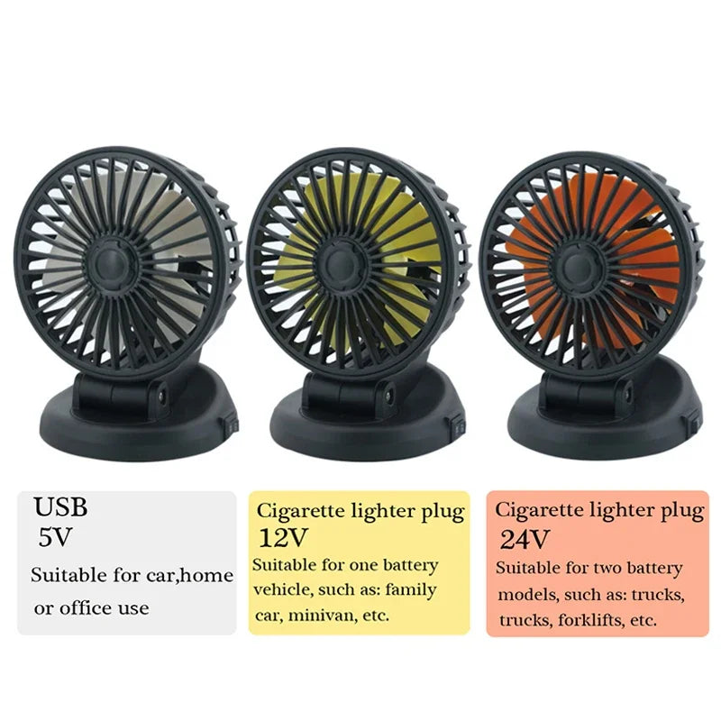 Brehn | Ventoro Car Fan 12V/24V/5V | USB or Cigarette Lighter | Rotatable & Compact | For Car, Truck, SUV, Motorhome & Office