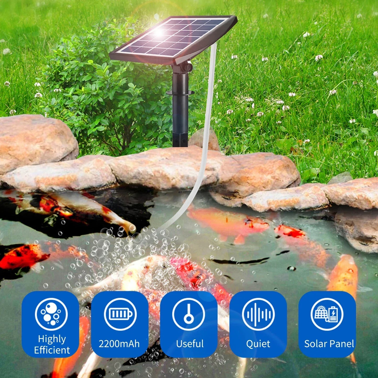 BowLift | AquaSola Solar-powered Oxygen Pump with Battery | 6V 2W | For Ponds & Aquariums | Includes 2 Air Stones & 0.25 cm Hose