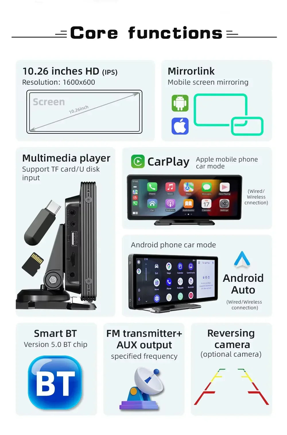 BowLift | Universal 10.26-Inch (26.06cm) Car Multimedia Player with Wireless CarPlay and Android Auto