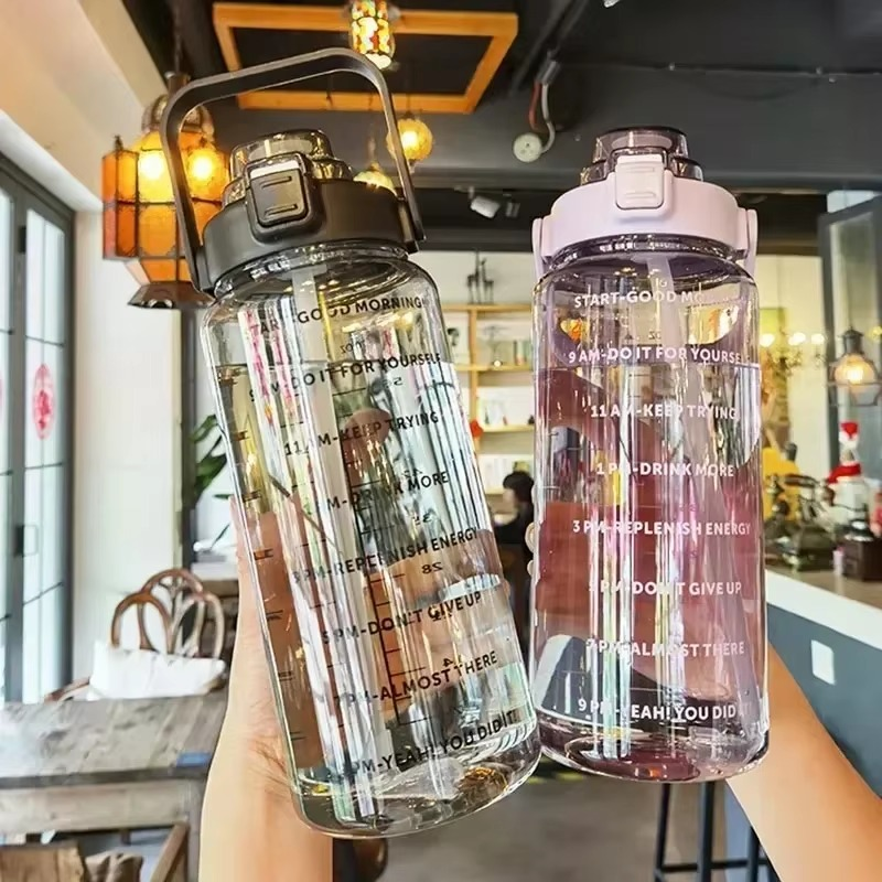 Large 2L Sport Water Bottle with Straw and Time Marker for Gym and Outdoor Fitness