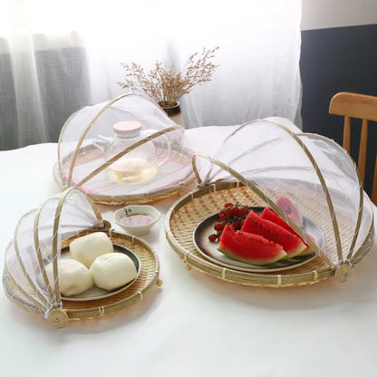 Skanto | Bamboo Woven Basket with Anti-Mosquito Net - Portable Outdoor Fruit and Vegetable Table with Mesh Cover