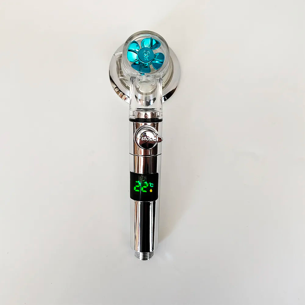 Skanto | High-Pressure Turbo Fan Shower Head with Temperature Indicator and Water-Saving Stop Button - Handheld Bathroom Shower Head