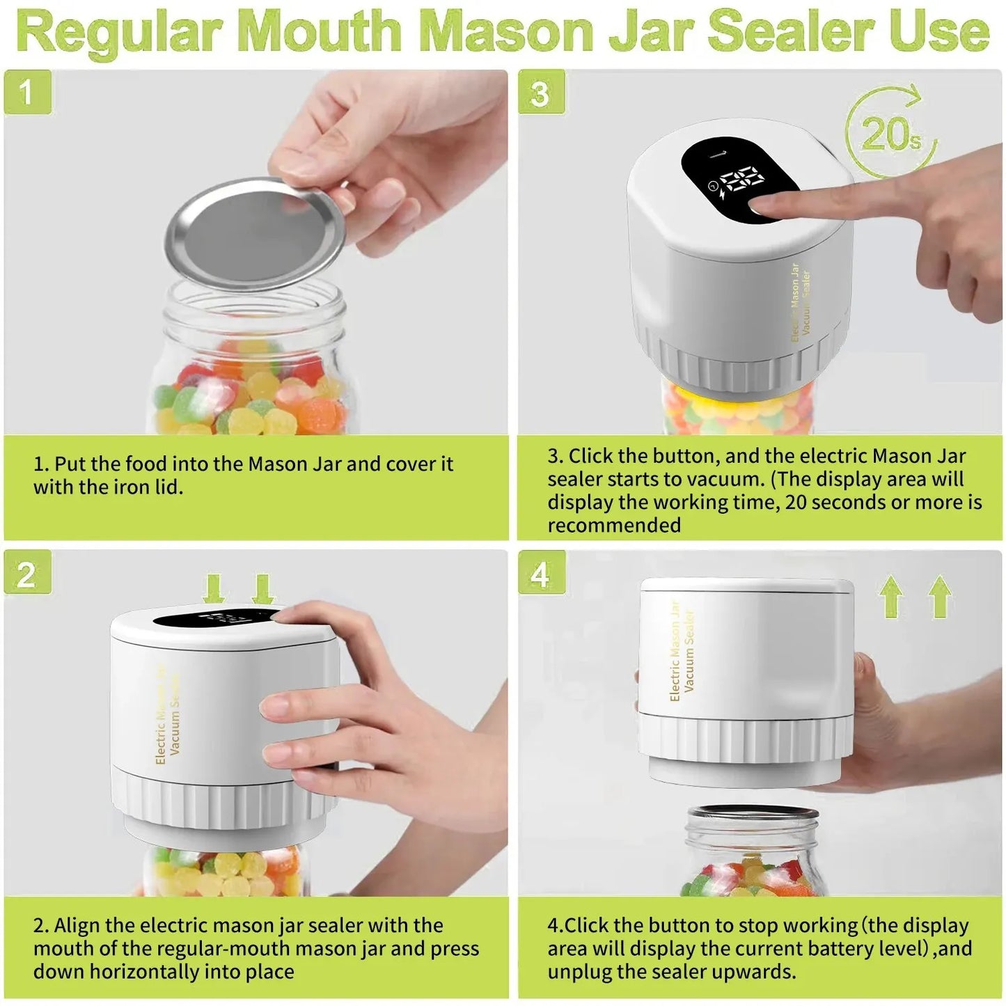 Skanto | Electric Mason Jar Vacuum Sealer Kit - Wireless Sealer for Wide & Regular Mouth Mason Jars - Ideal for Food Storage