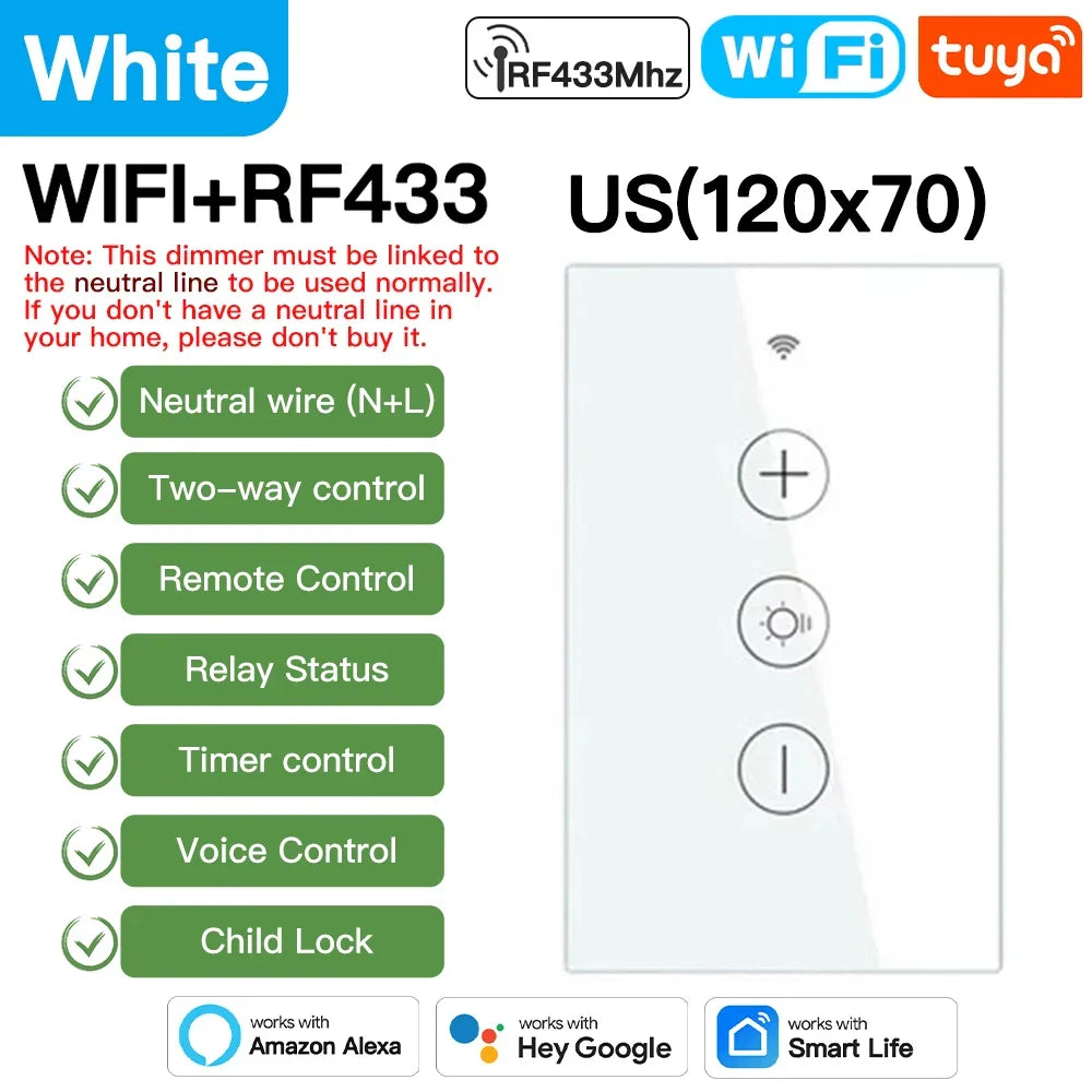 Tuya Smart Light Wall Switch with Neutral Wire - WiFi Dimmer Control via SmartLife Google Alexa Apps