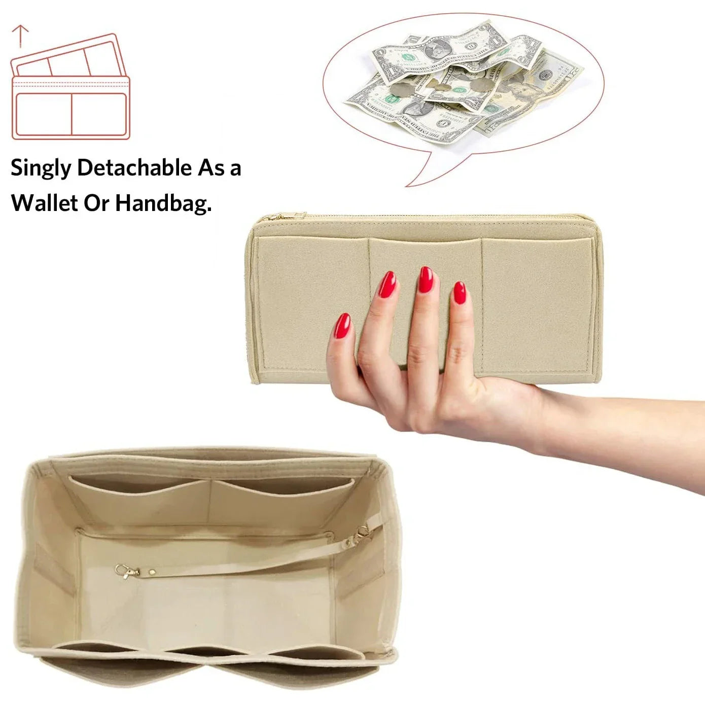 BowLift | TaschenLuxe Organizer Inlay | Felt insert with zipper | 15 compartments & key strap | For handbags & shoppers