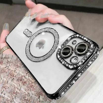 Luxury Glitter Bling MagSafe Case with Crystal Lens for iPhone 15 16 11 12 13 14 Pro Max 16 Plus Magnetic Wireless Charging Clear Case