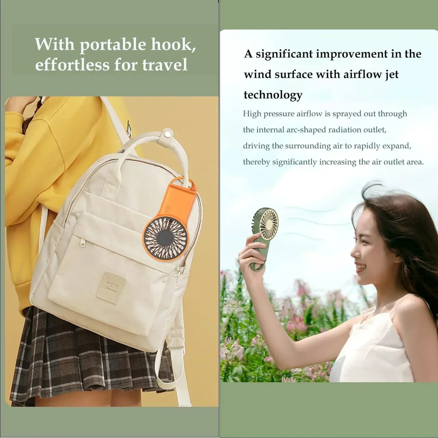 BowLift | Airivio Mini Fan | Foldable & USB-C | Quiet & Portable | With Carabiner & Battery