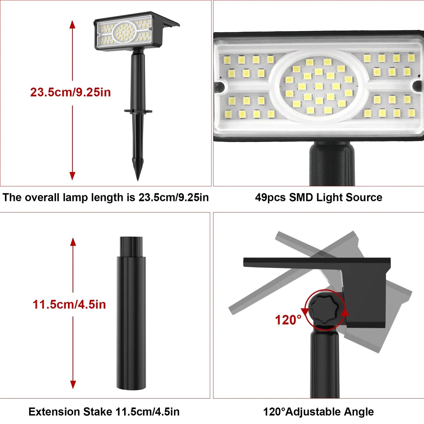 BowLift | Solara LED Solar Spotlight | 4 Light Colors | 49 LEDs | IP65 Waterproof | Energy Saving with Solar Panel