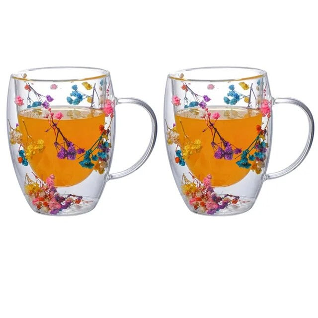2pcs Dried Flowers Double-Walled Glass Mug