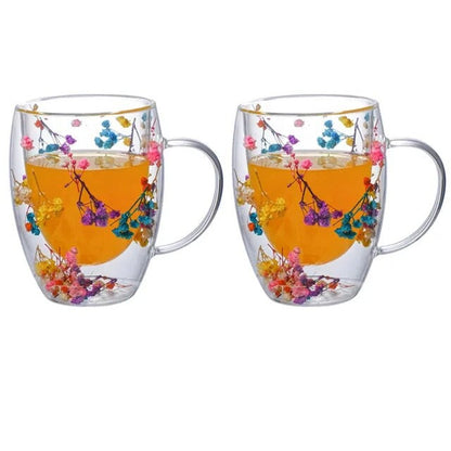 2pcs Dried Flowers Double-Walled Glass Mug
