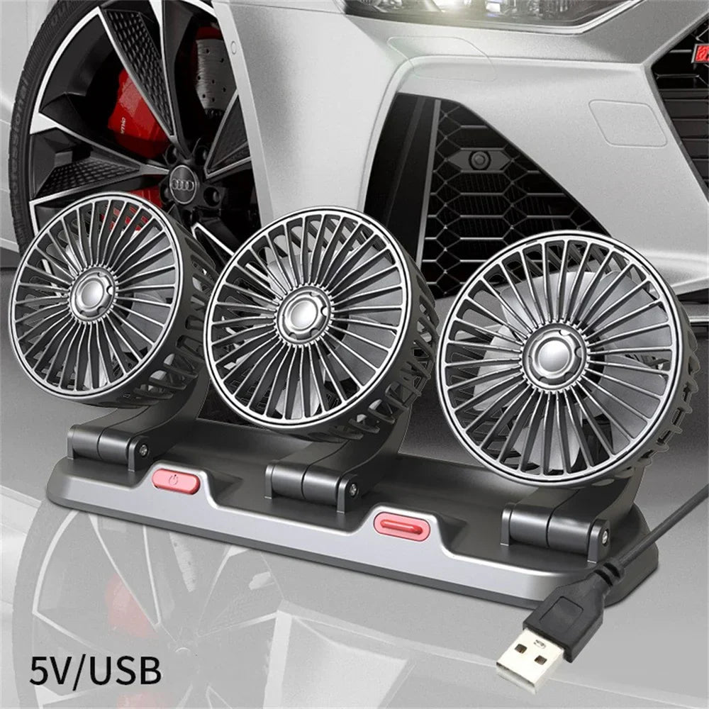 360° Adjustable Car Fan - 3-Head Automotive Electric Fan - USB/12V/24V - 2 Speeds - Quiet Cooling for Home, Desk, Office & Car | Karnz