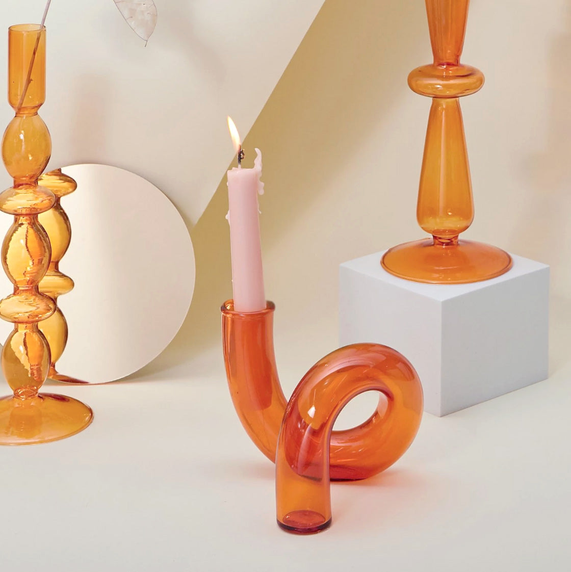 Modern Glass Candleholder-Orange | Bowlift