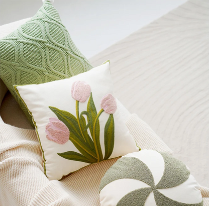 Green & Pink Tulip Embroidered Pillow Cover | Bowlift