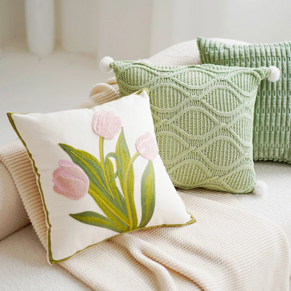 Green & Pink Tulip Embroidered Pillow Cover | Bowlift