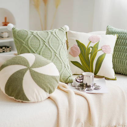 Green & Pink Tulip Embroidered Pillow Cover | Bowlift