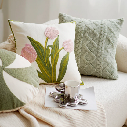 Green & Pink Tulip Embroidered Pillow Cover | Bowlift
