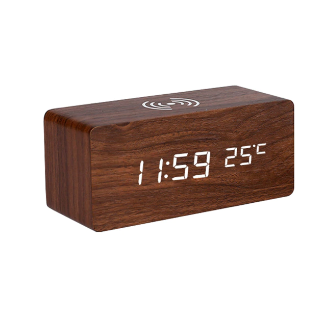 BowLift | Modern Wooden Alarm Clock Digital LED Charging Pad Alarm Clock Wireless Charger Thermometer