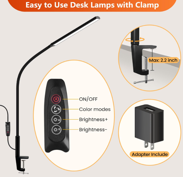 Skanto | LED Desk Lamp With Clamp, Flexible Gooseneck & 3 Light Modes