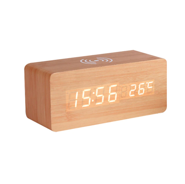 BowLift | Modern Wooden Alarm Clock Digital LED Charging Pad Alarm Clock Wireless Charger Thermometer
