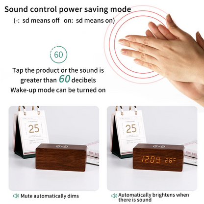 BowLift | Modern Wooden Alarm Clock Digital LED Charging Pad Alarm Clock Wireless Charger Thermometer