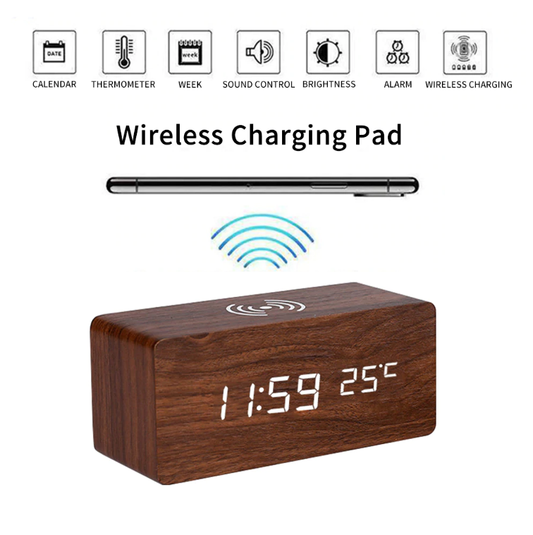 BowLift | Modern Wooden Alarm Clock Digital LED Charging Pad Alarm Clock Wireless Charger Thermometer