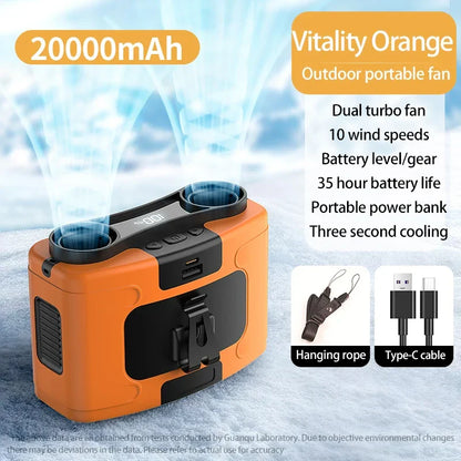 20000mAh Portable Waist Fan – Hanging Neck Fan with Power Bank, Strong Wind, LED Lighting for Sports, Courier, Outdoor Work | Bowlift