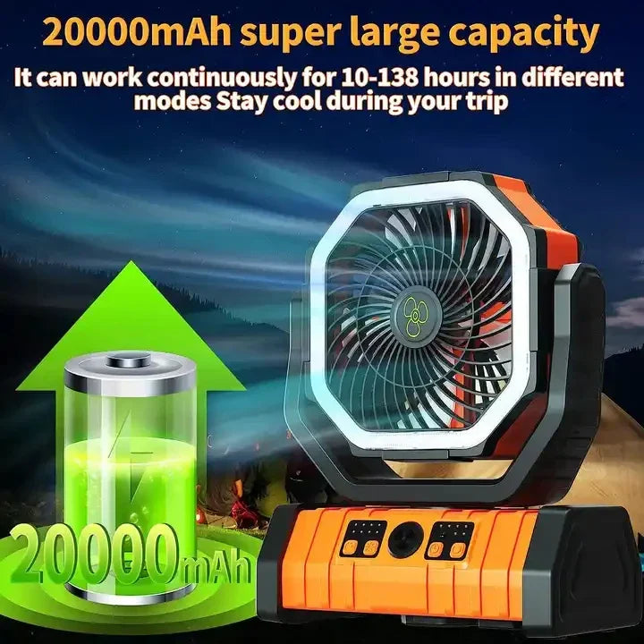 20000mAh Portable Rechargeable Fan — Battery-Operated Table & Camping Fan with LED Light & Hook for Tent, Car and Outdoor Trips | Karnz