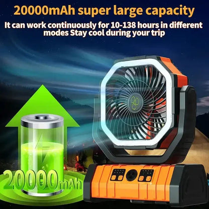 20000mAh Portable Rechargeable Fan — Battery-Operated Table & Camping Fan with LED Light & Hook for Tent, Car and Outdoor Trips | Karnz