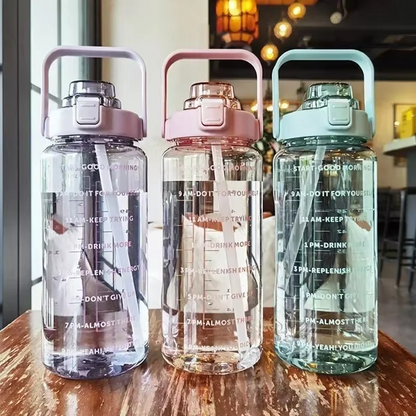 Large 2L Sport Water Bottle with Straw and Time Marker for Gym and Outdoor Fitness