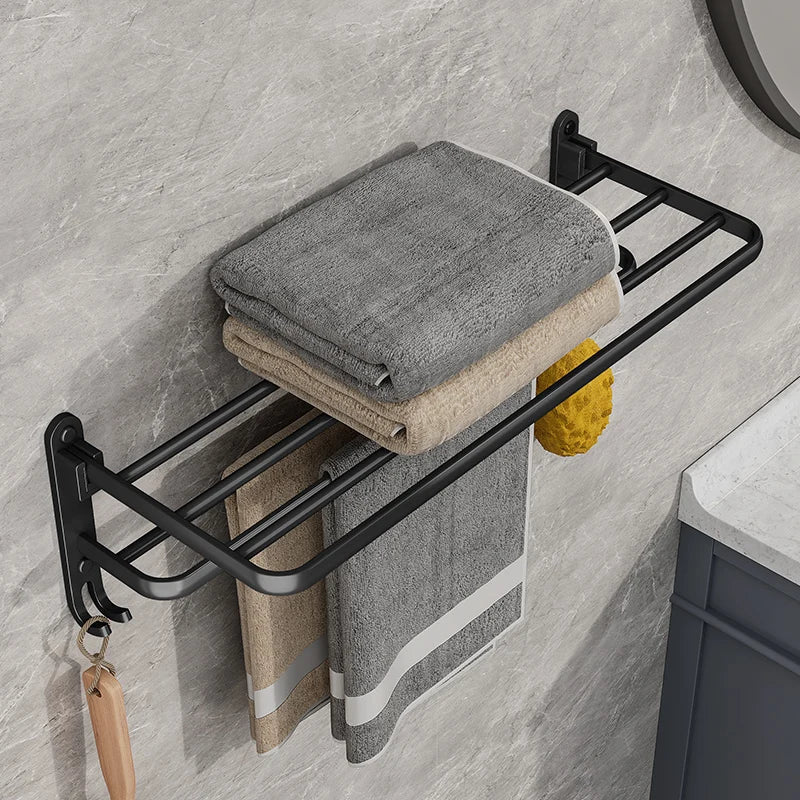Skanto | EasyFold Black Wall-Mounted Folding Towel Holder – Space-Saving & Stylish Bathroom Storage